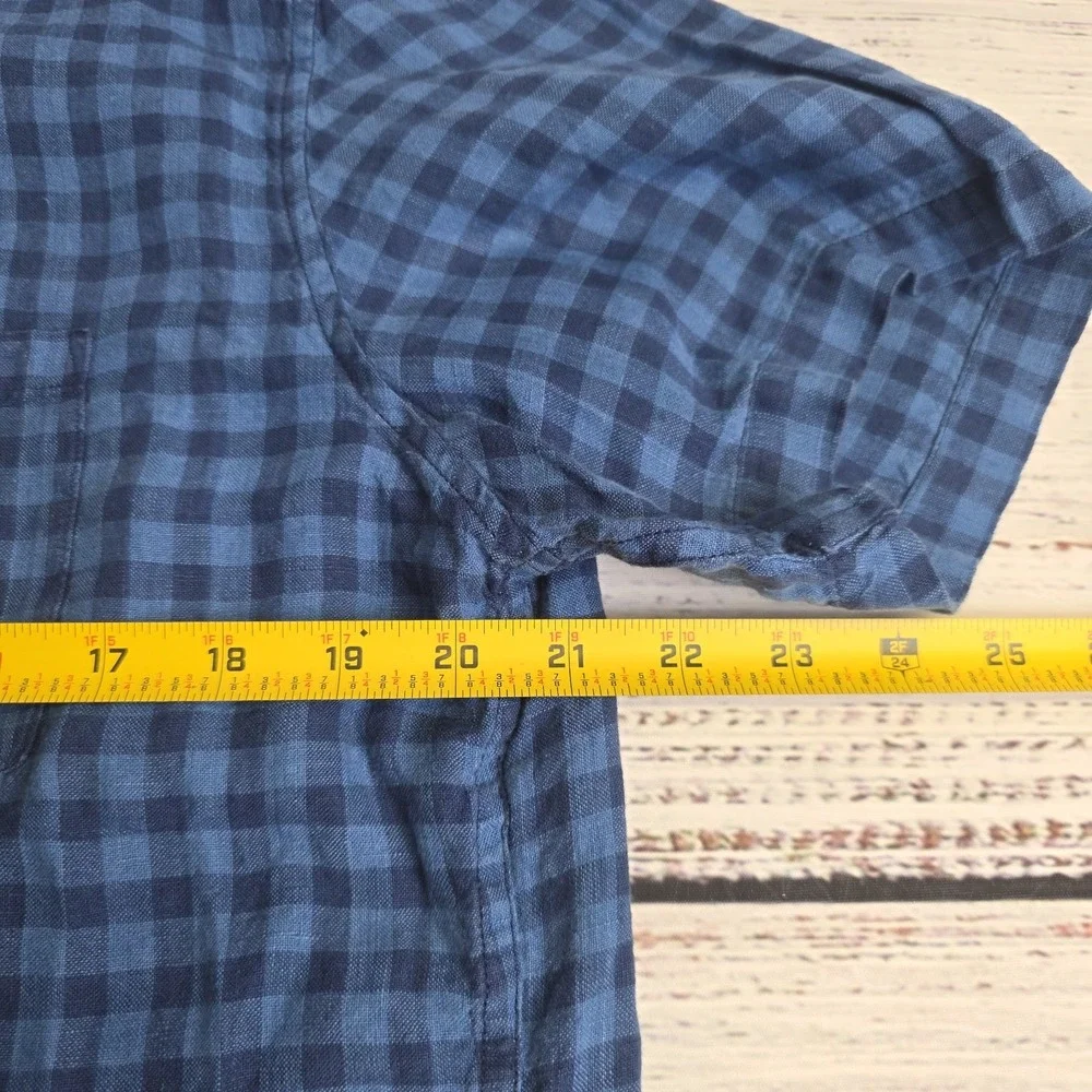 Banana Republic Shirt Men Medium Blue Check Linen Camden Fit Short Sleeve Button